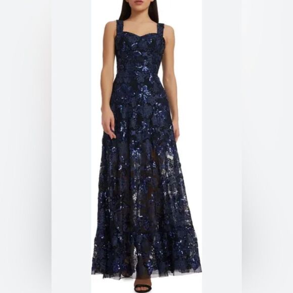 Dress the population anabel floral sequin fit & flare gown navy small new prom - Picture 2 of 16